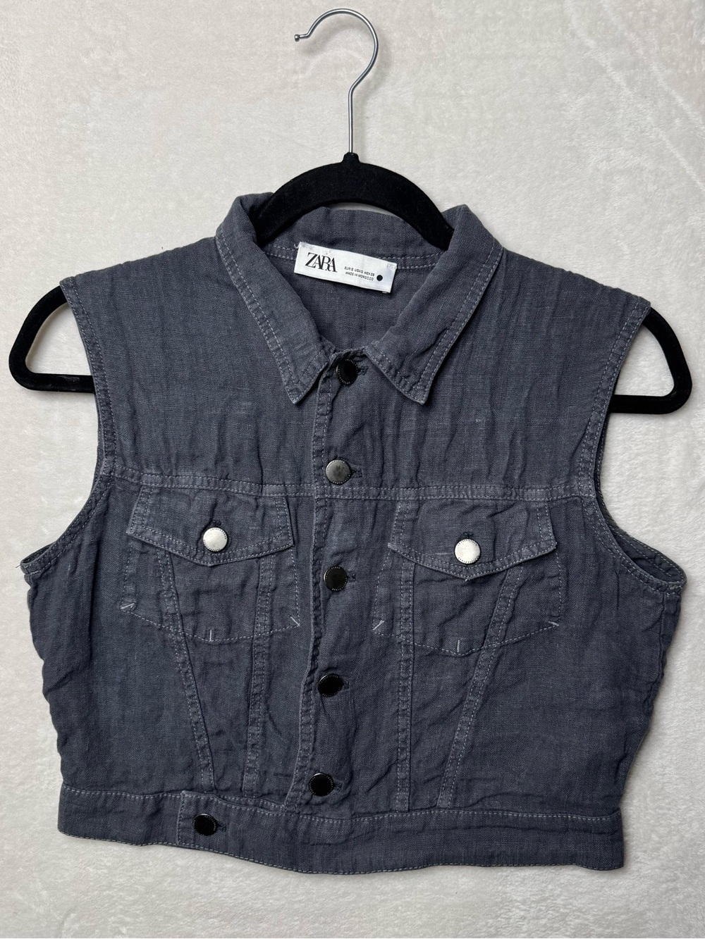 Zara 100% Linen Charcoal Sleeveless Button-Front Denim Vest Chest Flap Pockets S